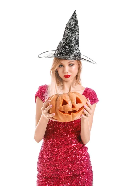 Gyönyörű Fiatal Boszorkány Halloween Tök Fehér Háttér — Stock Fotó