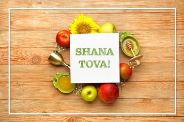 Rosh hashanah (Yahudi Yeni Yılı) için ahşap arka planda kompozisyon