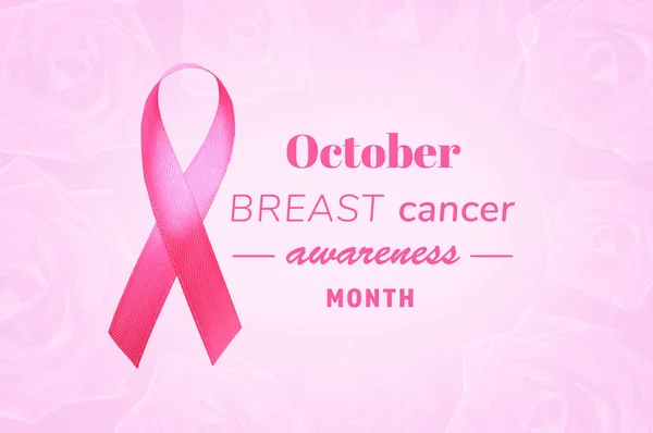 Pinkfarbenes Band Mit Der Aufschrift Brustkrebsmonat Auf Farbigem Hintergrund — Stockfoto