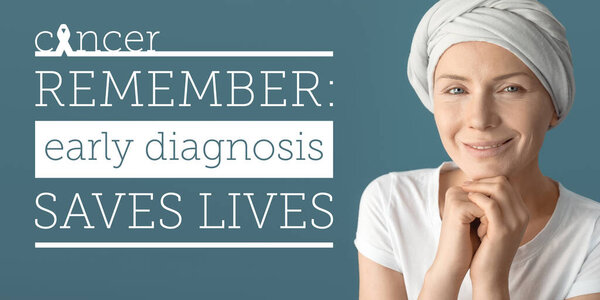Happy woman after chemotherapy and text CANCER. REMEMBER: EARLY DIAGNOSIS SAVES LIVES on color background