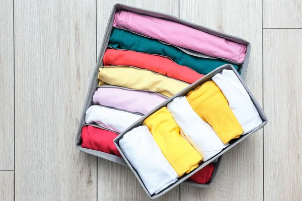 Organizers Clean Clothes Wooden Floor — Stock Photo, Image