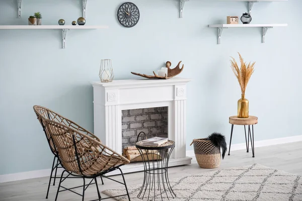 Interior of modern room with fireplace