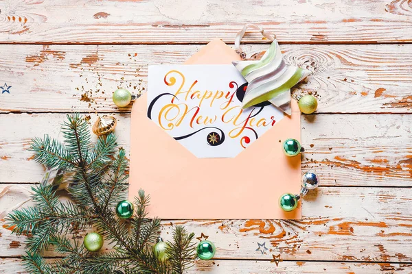 Beautiful Composition New Year Greeting Card Wooden Background — Stock Photo, Image