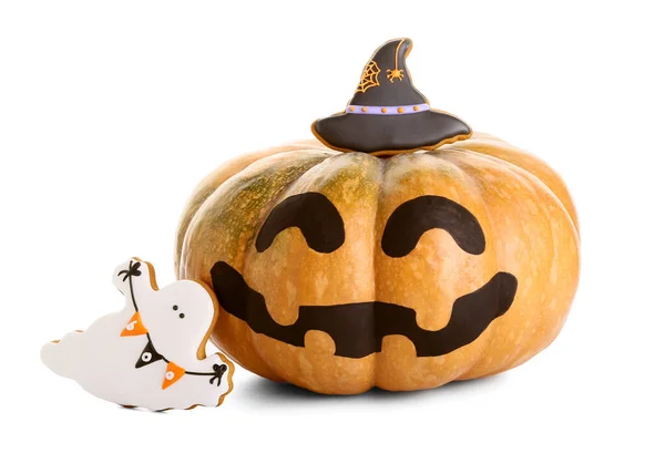Citrouille Halloween Avec Des Cookies Sur Fond Blanc — Photo