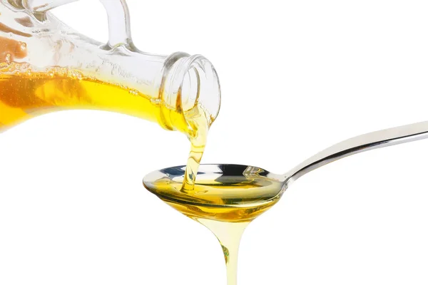 Gießen Von Frischem Olivenöl Aus Der Flasche Einen Löffel Auf — Stockfoto