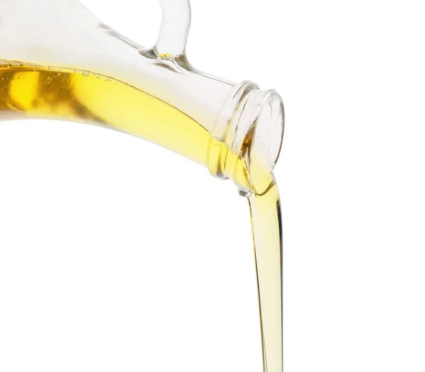 Nalanie Świeżej Oliwy Oliwek Butelki Białym Tle — Zdjęcie stockowe