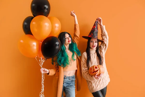 Hermosas Mujeres Jóvenes Con Decoración Halloween Fondo Color —  Fotos de Stock