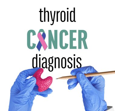 Beyaz arka planda salgı bezi modeli olan bir doktorun elleri. Tiroit kanseri kavramı