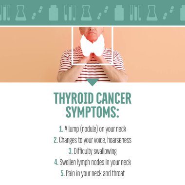 Boynunda ağrı ve tiroid kanseri belirtileri olan bir adamla kolaj.