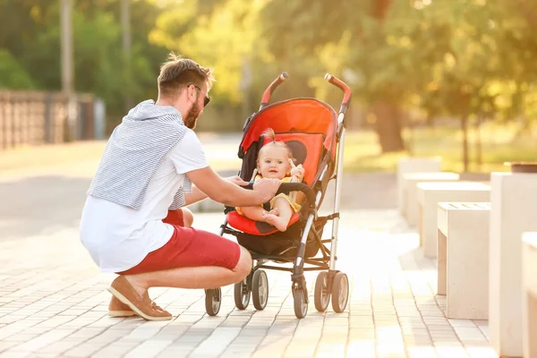 Man His Cute Baby Stroller Outdoors — Stock Photo, Image