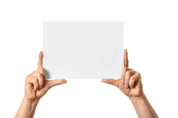 Männliche Hände Mit Leerem Papier Auf Weißem Hintergrund — Stockfoto