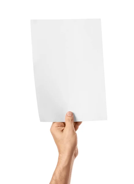 Mão Masculina Com Papel Branco Sobre Fundo Branco — Fotografia de Stock