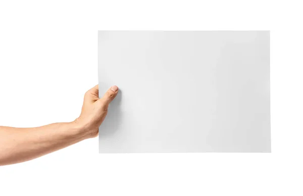 Männliche Hand Mit Leerem Papier Auf Weißem Hintergrund — Stockfoto
