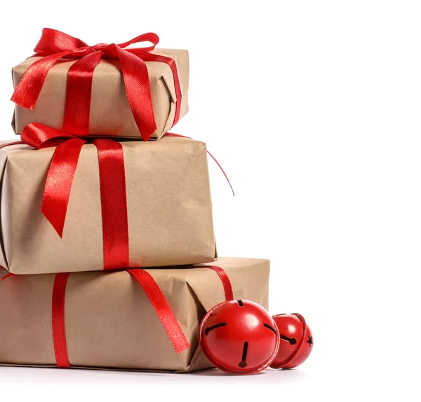 Beautiful Christmas Gift Boxes White Background — Stock Photo, Image