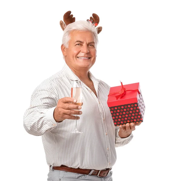 Elderly Man Christmas Gift Champagne White Background — Stock Photo, Image