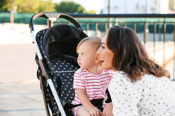 Woman Her Cute Baby Stroller Outdoors — Stock Photo, Image