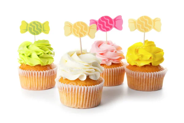 Gustosi Cupcake Con Eleganti Toppers Sfondo Bianco — Foto Stock