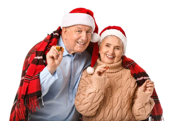 Elderly Couple Santa Hats White Background — Stock Photo, Image