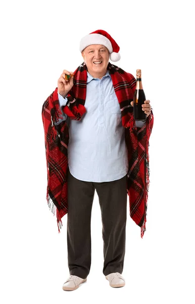 Älterer Mann Feiert Weihnachten Auf Weißem Hintergrund — Stockfoto