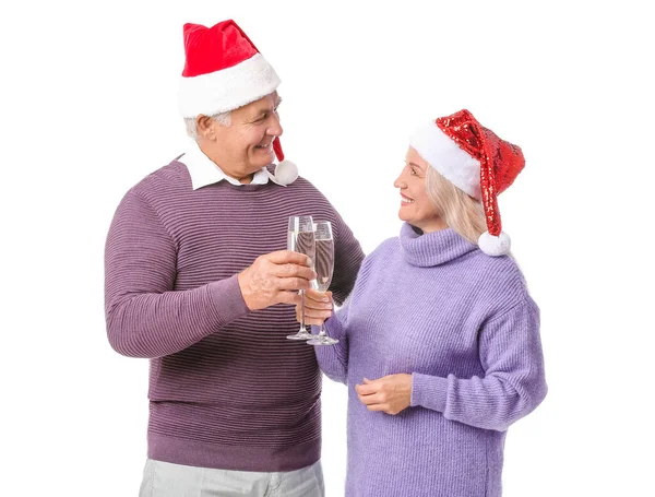 Elderly Couple Santa Hats Drinking Champagne White Background New Year — Stock Photo, Image