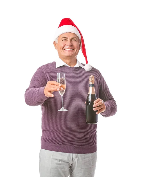 Homem Idoso Chapéu Papai Noel Com Champanhe Sobre Fundo Branco — Fotografia de Stock