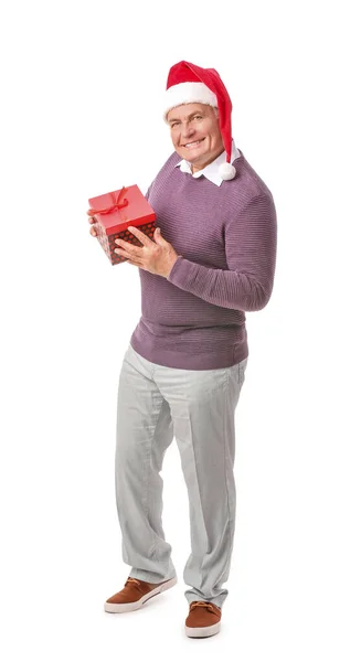 Homme Âgé Avec Cadeau Noël Sur Fond Blanc — Photo