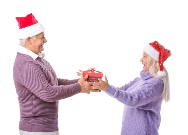 Elderly Couple Christmas Gift White Background — Stock Photo, Image
