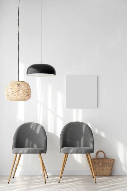 Odanın içinde minimumda sandalyeleri olan boş bir poster.