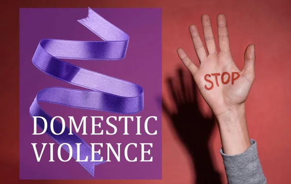 Purple Ribbon Female Hand Text Stop Domestic Violence Color Background — Stock Photo, Image