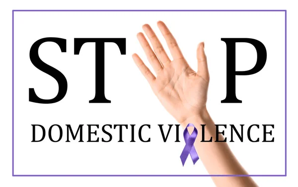 Female Hand Text Stop Domestic Violence White Background — Stock Photo, Image