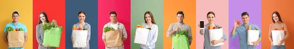 Collage Olika Personer Med Tomma Shoppingväskor Färg Bakgrund — Stockfoto