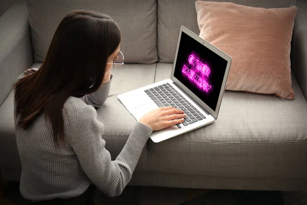 Young Woman Laptop Home Concept Cyber Monday — Stock Photo, Image