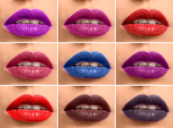 Set Beautiful Young Woman Different Lipsticks Closeup — Stock Photo, Image