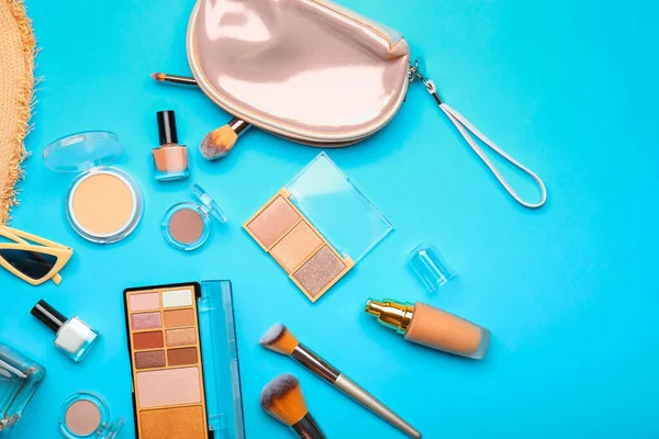 Makeup Bag Decorative Cosmetics Accessories Color Background — Stock Photo, Image