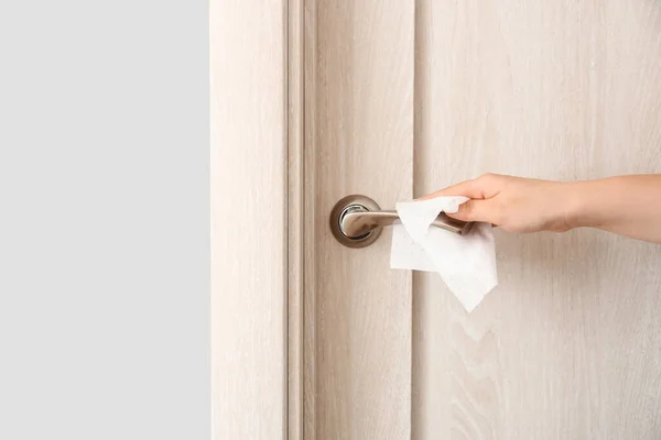 Woman Disinfecting Door Handle Closeup — Stock Photo, Image