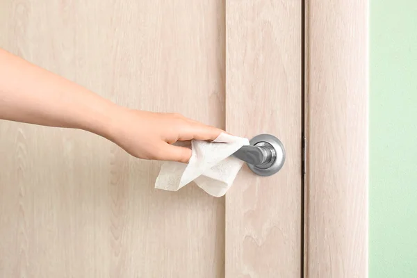 Woman Disinfecting Door Handle Closeup — Stock Photo, Image