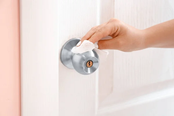 Woman Disinfecting Door Handle Closeup — Stock Photo, Image