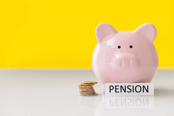Piggy Bank Coins Word Pension Table — Stock Photo, Image