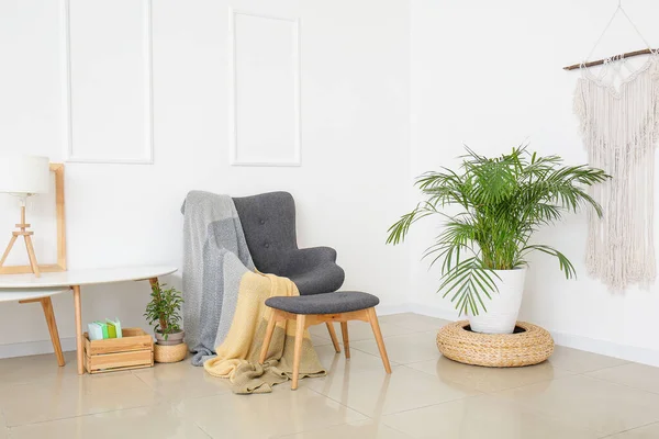 Stylish Armchair Ottoman Table Houseplant Light Wall Room — Stock Photo, Image