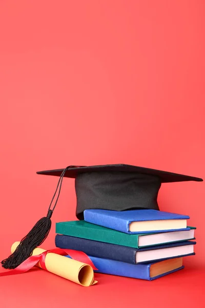Graduation Hat Diploma Books Color Background — Stock Photo, Image
