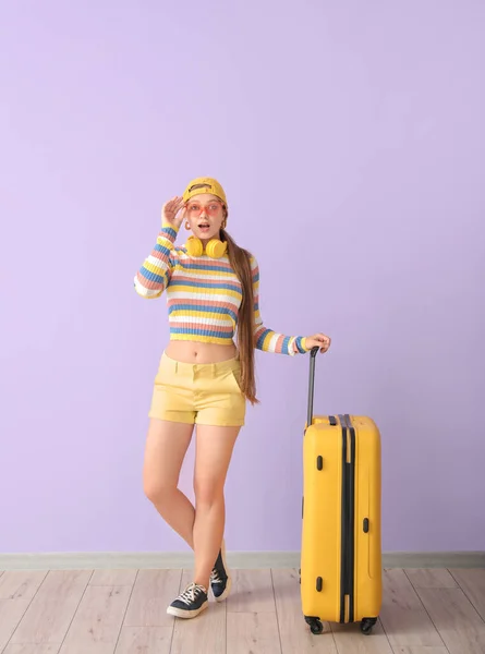 Surprised Young Woman Suitcase Color Wall Travel Concept — Stock Photo, Image