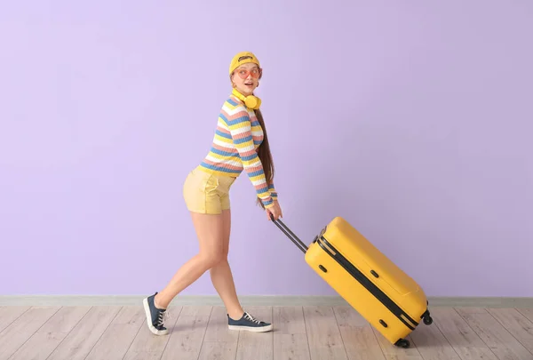 Young Woman Suitcase Color Wall Travel Concept — Stock Photo, Image