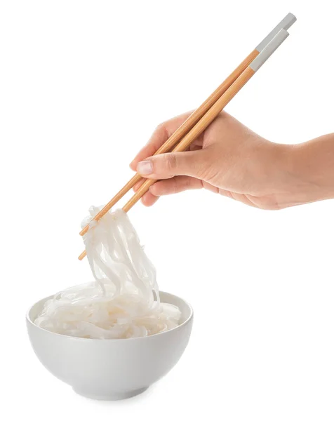 Vrouw Eten Smakelijke Rijst Noedels Witte Achtergrond — Stockfoto