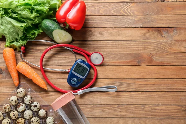 Vegetables Stethoscope Glucometer Wooden Background Diabetes Concept — Stock Photo, Image
