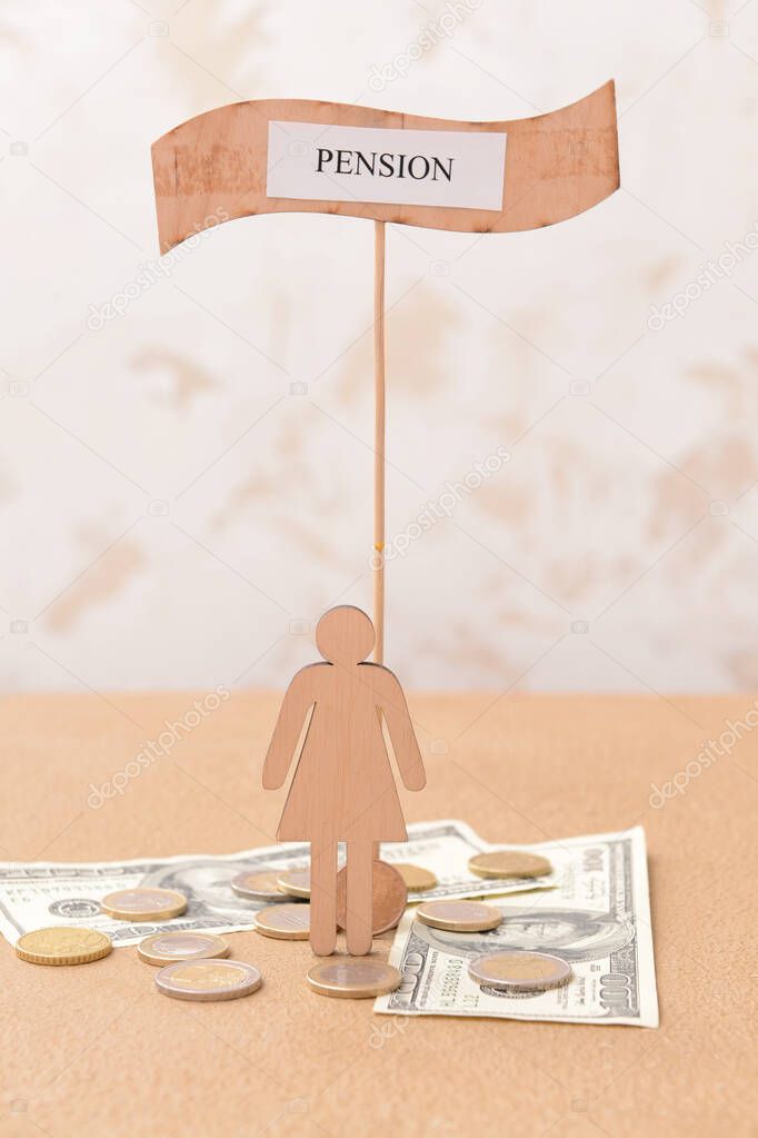 Female figure with money and word PENSION on table