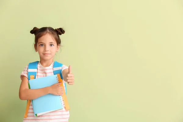 Little Schoolgirl Showing Thumb Color Background — Stock Photo, Image