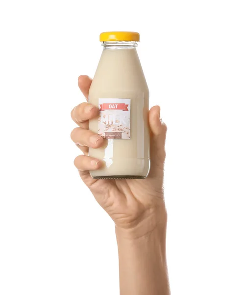 Female Hand Bottle Oat Milk White Background — Stock Photo, Image