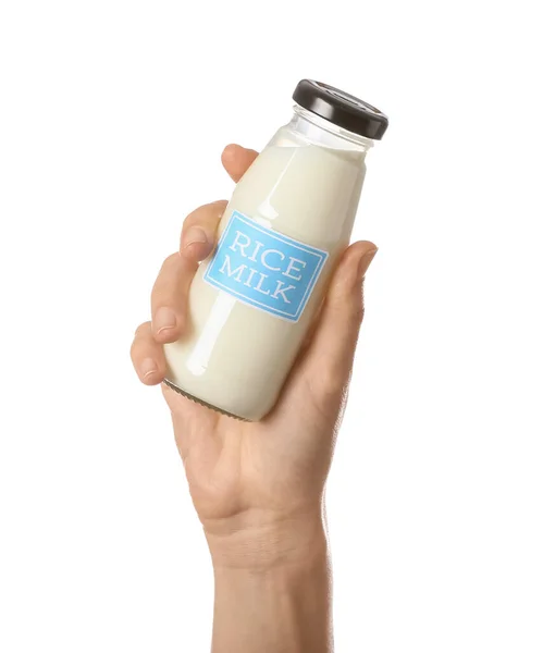 Женская Рука Бутылкой Рисового Молока Белом Фоне — стоковое фото