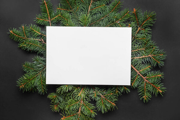 Beautiful fir tree branches with empty card on dark background
