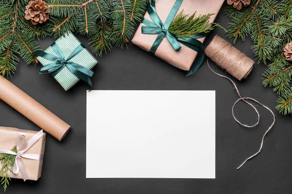 Beautiful Christmas Gifts Empty Card Dark Background — Stock Photo, Image